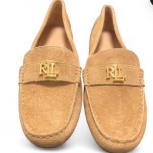 Ralph Lauren Tan Suede Bransbury Loafers with Gold Accent